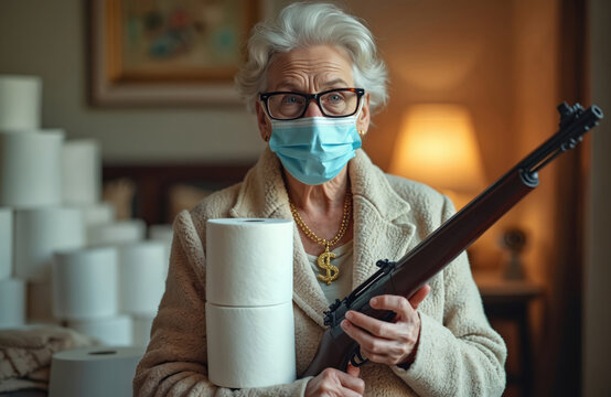 Senior woman in face mask stocks toilet paper, holding rifle. Represents panic buying, hoarding, and preparedness during pandemic or crisis. Shows fear, stress, and need for protection.