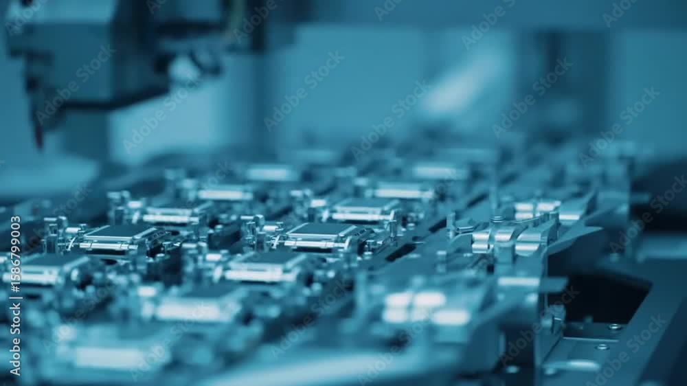 Poster automated electronic circuit board assembly line in teal tone precision close up focused on machine 