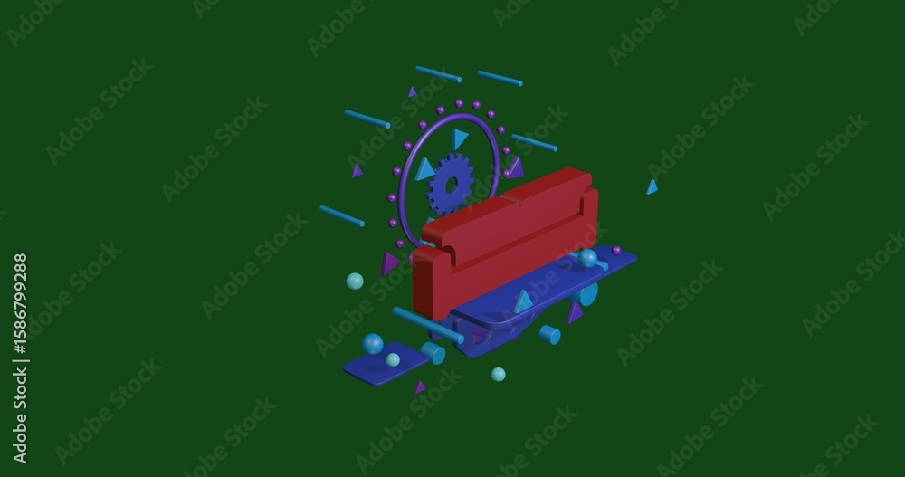 Aufkleber red sofa symbol on a pedestal of abstract geometric shapes floating in the air. abstract concept art