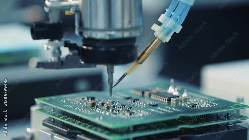 Poster automated machine precisely placing components on green circuit board in clean industrial setting