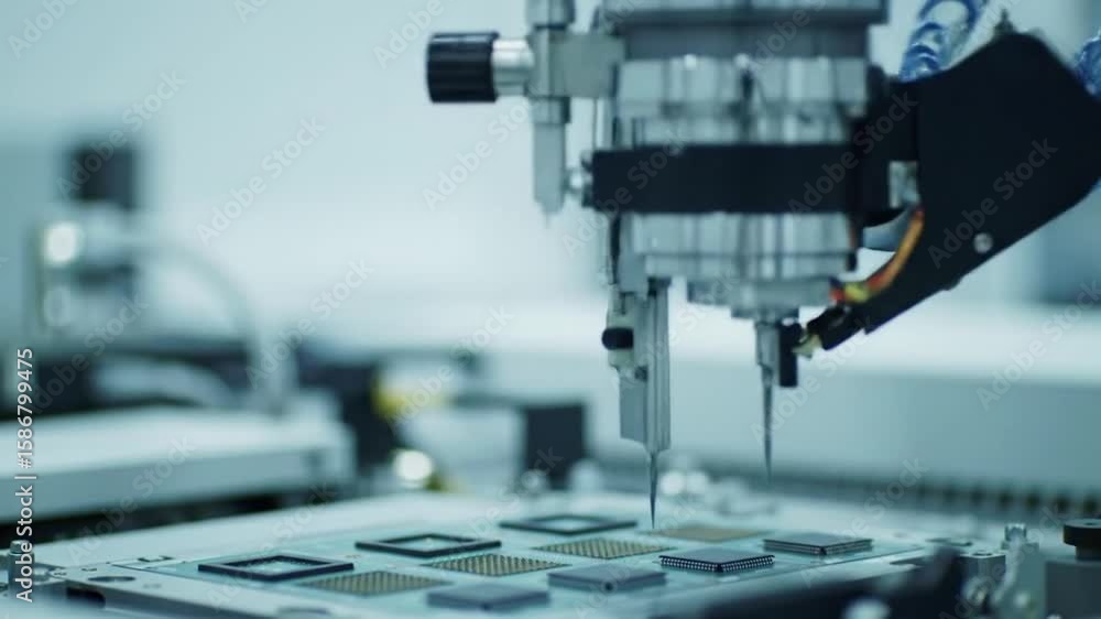 Poster automated microchip assembly by robotic arm on circuit board in clean high tech factory setting