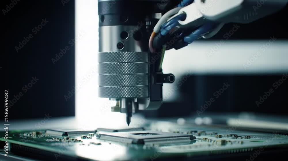 Poster automated robotic arm manufacturing electronic circuit board with dark background technology and pre