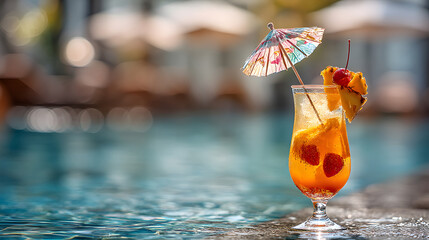 A cocktail glass with tropical fruit and umbrella