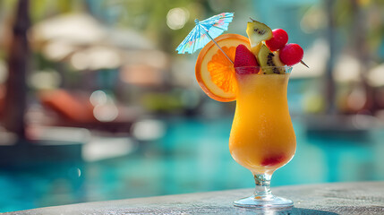 A cocktail glass with tropical fruit and umbrella