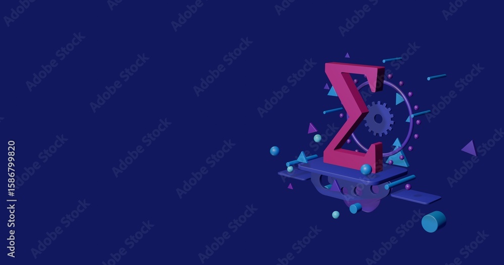 Poster pink sigma symbol on a pedestal of abstract geometric shapes floating in the air. abstract concept a