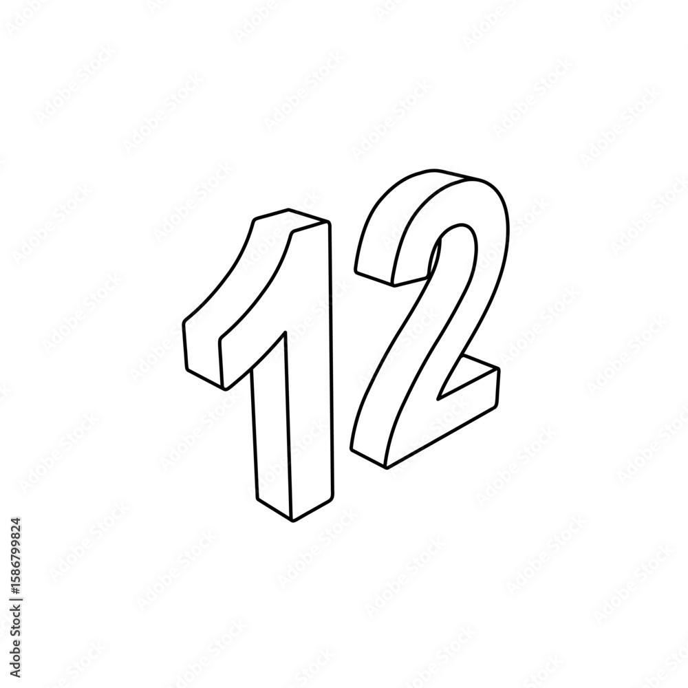 Poster the outline of a large twelve number is made with black lines. 3d view of the object in perspective.