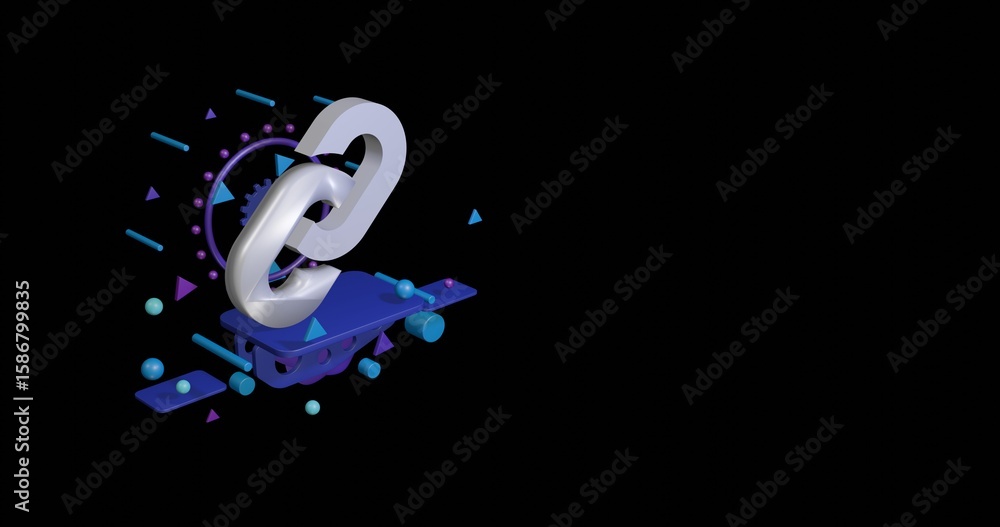 Poster white chain symbol on a pedestal of abstract geometric shapes floating in the air. abstract concept 