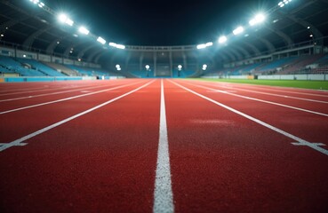 Empty stadium running track with red lanes and white lines. Lights illuminate arena. Ground level perspective shows multiple lanes in row, ready for athletic competition or sports training.