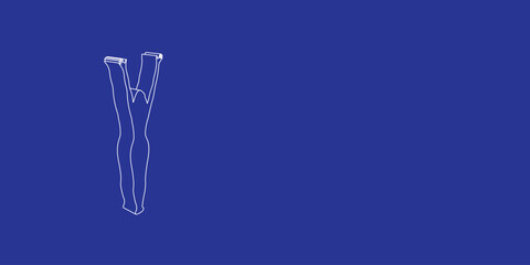 The outline of a large woman stretches symbol made of white lines on the left. 3D view of the object in perspective. Vector illustration on indigo background