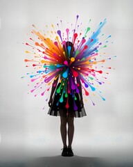 Create an ethereal image of a person with a blurred silhouette, showcasing a vibrant explosion of colors emanating from their figure. The background is a stark white, devoid of any shadows, enhancing 