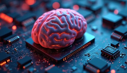Futuristic human brain fused with computer motherboard showcases advanced AI training, neurotechnology. Glowing neural pathways on digital circuits suggest data transfer, innovation in cybernetics.