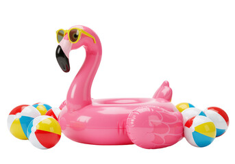 Playful Giant Flamingo Inflatable with Sunglasses and Beach Balls – Ideal for Poolside Parties and Vacation Vibes, isolated on a transparent background PNG,