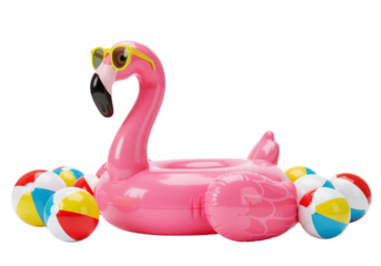 Playful Giant Flamingo Inflatable with Sunglasses and Beach Balls – Ideal for Poolside Parties and Vacation Vibes, isolated on a transparent background PNG,