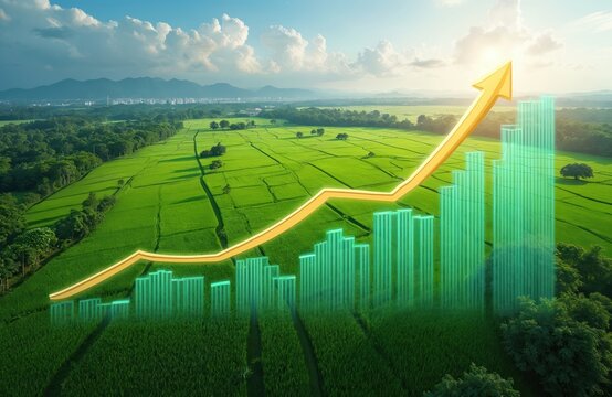 Aerial view of rich green fields showing land value increase with a rising graph. Illustrates real estate investment, market growth, and agricultural profit potential in Chiang Mai.
