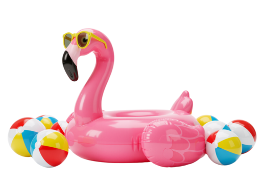 Playful Giant Flamingo Inflatable with Sunglasses and Beach Balls – Ideal for Poolside Parties and Vacation Vibes, isolated on a transparent background PNG,