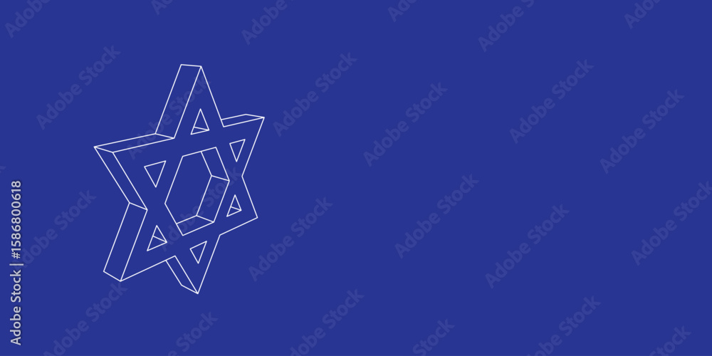 Poster the outline of a large star of david symbol made of white lines on the left. 3d view of the object i