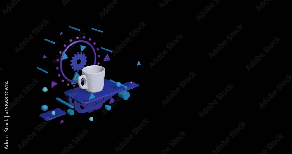 Poster white cup on a pedestal of abstract geometric shapes floating in the air. abstract concept art with 