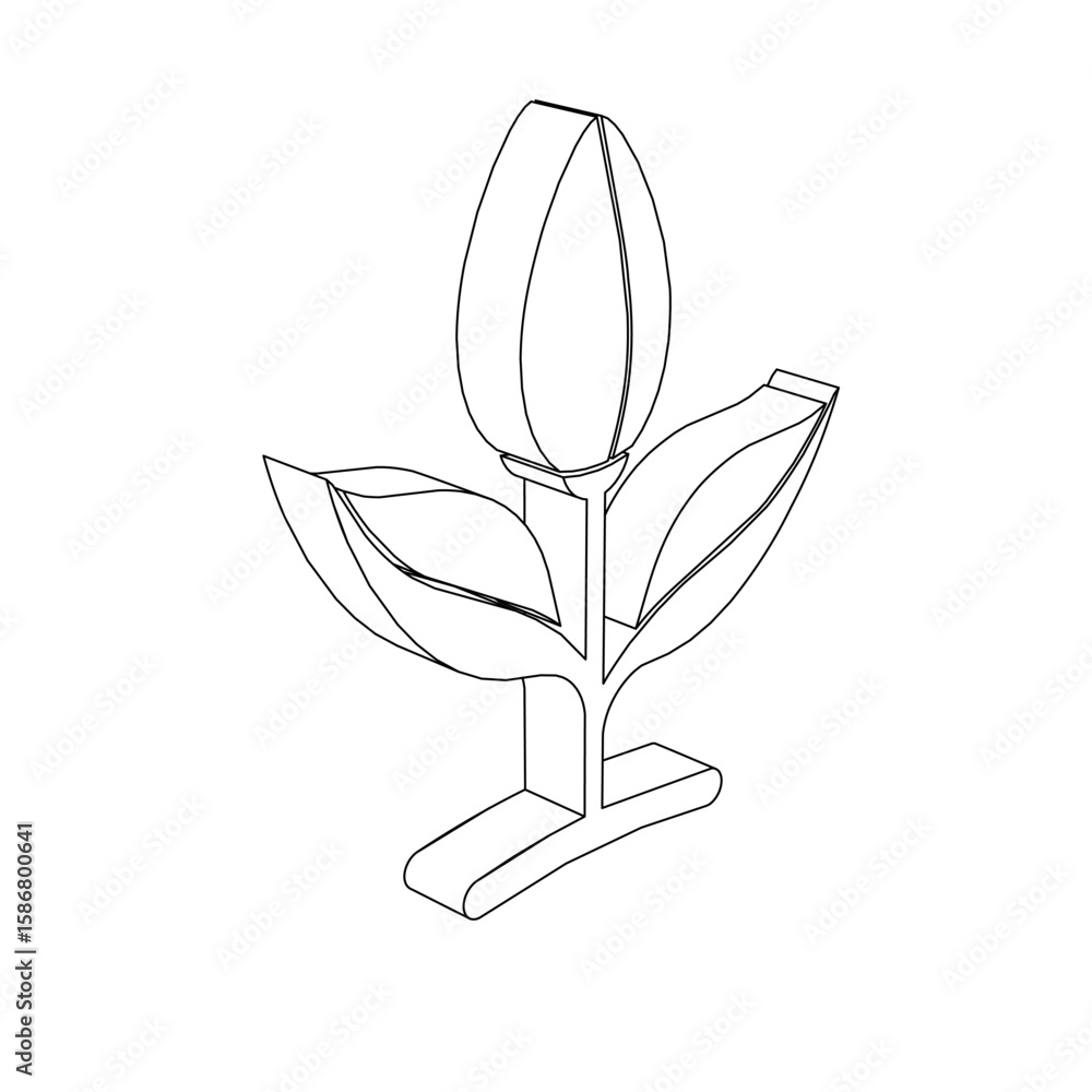 Poster the outline of a large sprout symbol is made with black lines. 3d view of the object in perspective.