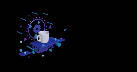White cup on a pedestal of abstract geometric shapes floating in the air. Abstract concept art with flying shapes on the left. 3d illustration on black background