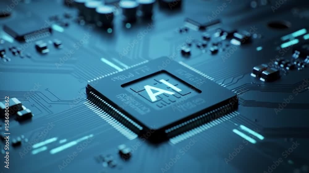 Poster close up of blue ai microchip on circuit board illustrating modern technology and computing