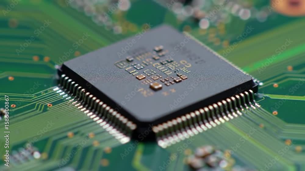 Poster close up of an integrated circuit chip on a green circuit board with intricate golden pattern for el