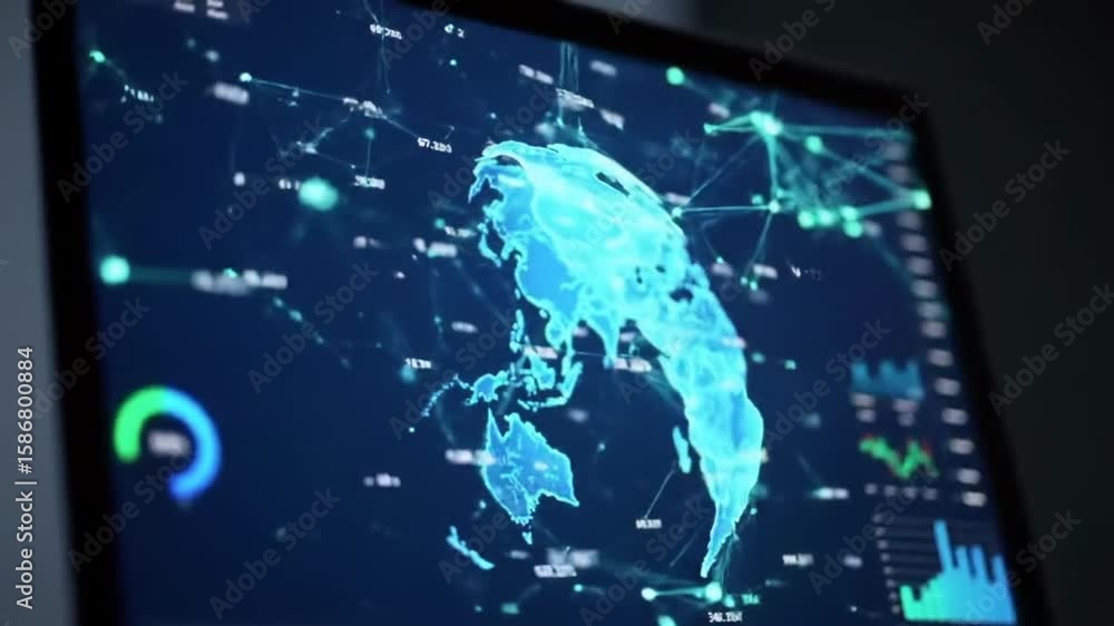 Poster close up of blue globe map display with interconnected lines and data visualizations on dark backgro