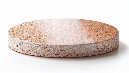 beige terrazzo empty low circular podium with brown white and orange speckled surface product display isolated on white background