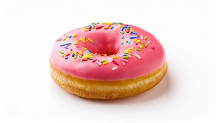 a single donut with pink frosting and colorful sprinkles on top isolated on white background