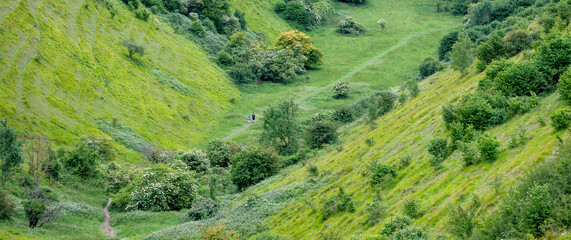 people jogging in The Devil's Kneading Trough which is part of kent downs on summer day early june