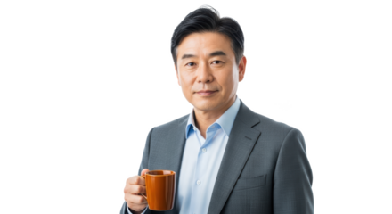 Man in suit holding a brown mug with a light blue shirt and a neutral expression on a black background