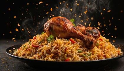 Spicy chicken biryani served in black bowl, aromatic basmati rice topped with grilled chicken legs. Garnished with cilantro, red pepper flakes flying. Traditional Asian cuisine for lunch or dinner.