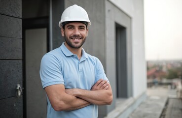 Smiling man in blue polo shirt, white hard hat stands with arms crossed on construction site. Appears confident, pro, ready for home improvement projects. Background shows building exterior,