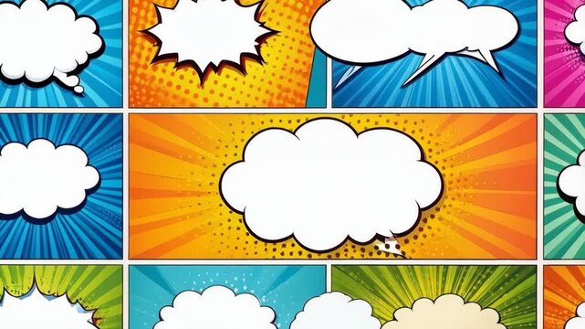 Vibrant comic book layout with various speech bubbles and halftone effects, graphic novel design for text placement and creative projects