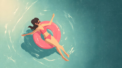 A flat illustration of a woman in a swimsuit floating on a pool float