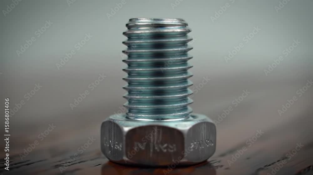 Poster close up of steel bolt and nut on wood table in soft lighting displaying mechanical components and m