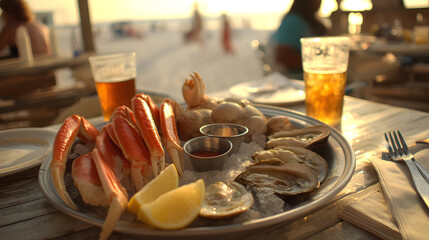 A fresh seafood platter on a beachside table