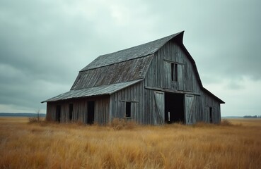 Obraz premium Old weathered wooden barn stands abandoned in field of dry yellow grass under overcast sky. Rustic rural structure shows signs of decay, neglect, evoking sense of history, solitude in countryside.