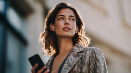 European business woman manager using cell phone mobile app standing outdoors at office. Latin Hispanic young female businesswoman freelancer working on smartphone, looking aside dreaming.