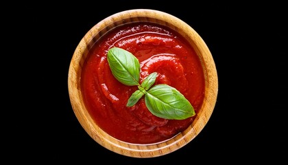 a wooden bowl filled with vibrant red tomato sauce garnished with fresh green basil leaves on black background isolated on transprent background