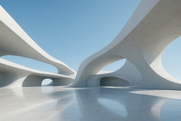 Expansive futuristic white architecture with smooth curves and open arches under a clear blue sky
