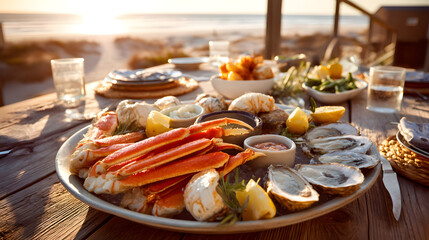 A fresh seafood platter on a beachside table