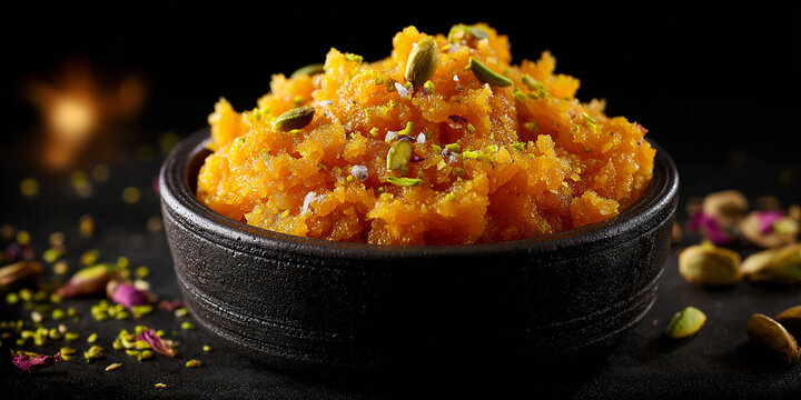 Halwa carrot sooji moong dal indian food on dark background