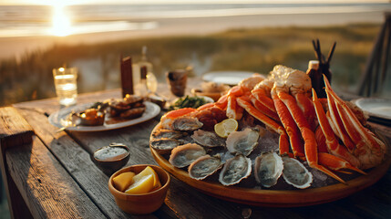 A fresh seafood platter on a beachside table