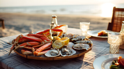 A fresh seafood platter on a beachside table
