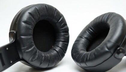 Macro photo of worn black ear protection earmuffs. Leatherette earpads show signs of cracking, wear, revealing inner foam material. Isolated on clean white background, image highlights damage, need