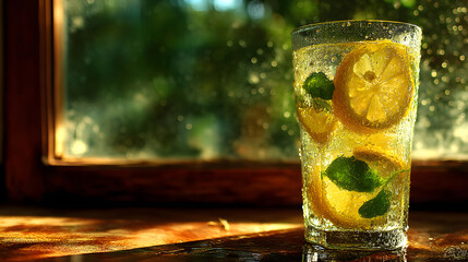 A cocktail glass with tropical fruit and umbrella