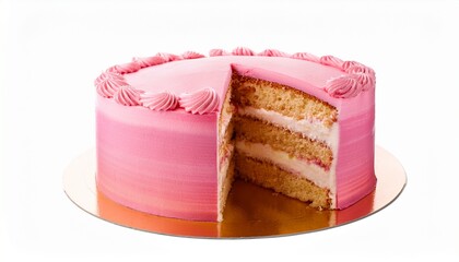 a pink frosted cake with a slice cut out showing the layers isolated on white background