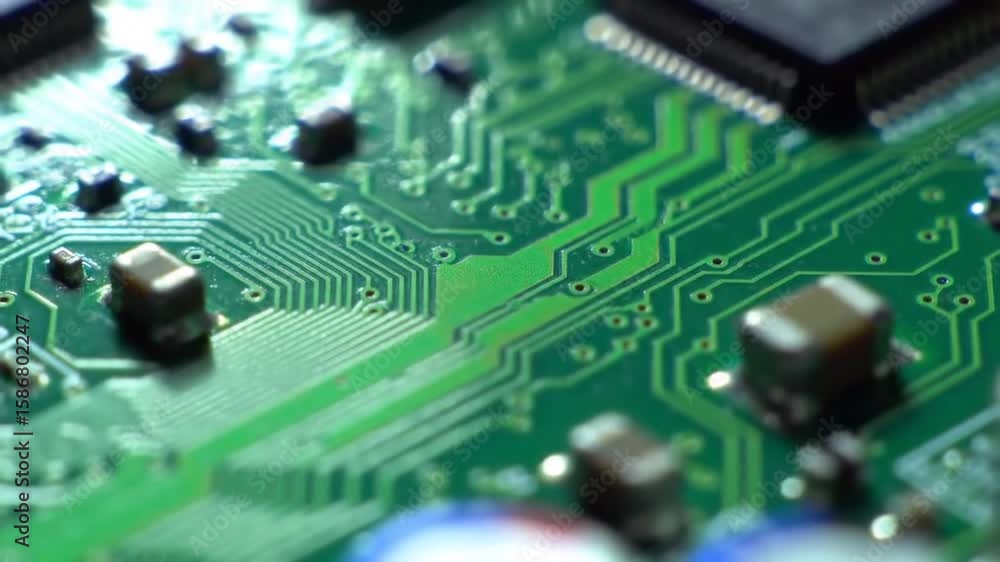 Poster detailed green circuit board close up with intricate traces and components macro shot of modern tech
