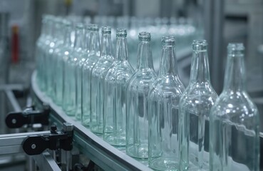 Glass bottles for alcohol drinks move on a production line in a factory. Clear containers form a long row on a conveyor belt in a bright workshop. Automation process at a distillery or brewery.