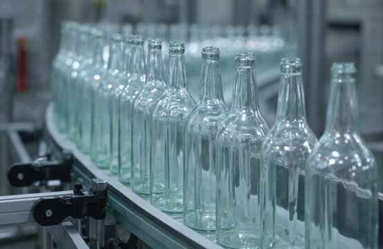Glass bottles for alcohol drinks move on a production line in a factory. Clear containers form a long row on a conveyor belt in a bright workshop. Automation process at a distillery or brewery.
